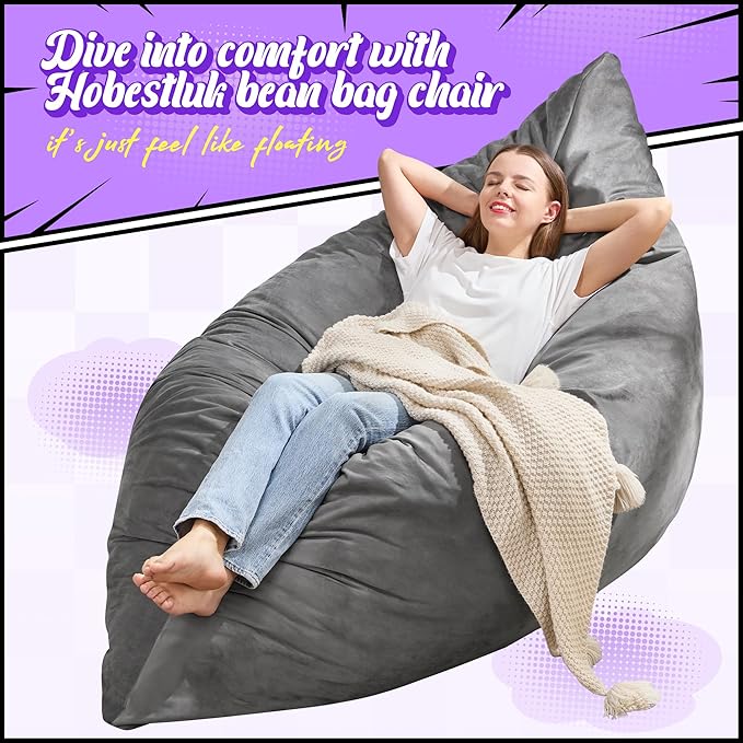 Hobestluk 3 in 1 Bean Bag Chair Giant Bean Bag Chairs for Adults with Velvet Cover Convertible Bean Bag Floor Cushion with Machine Washable Cover for Living Room (Velvet Grey)-Ruum Studio Home