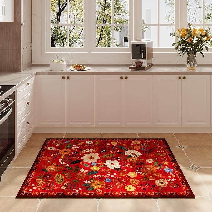 Door Mat Indoor Entrance 2x3 Rug Machine Washable Boho Floral Small Area Rug Non-Slip Low Pile Throw Rugs for Entryway, Kitchen, Front Door Indoor Entrance, Entry, Kids Room (Red)-Ruum Studio Home