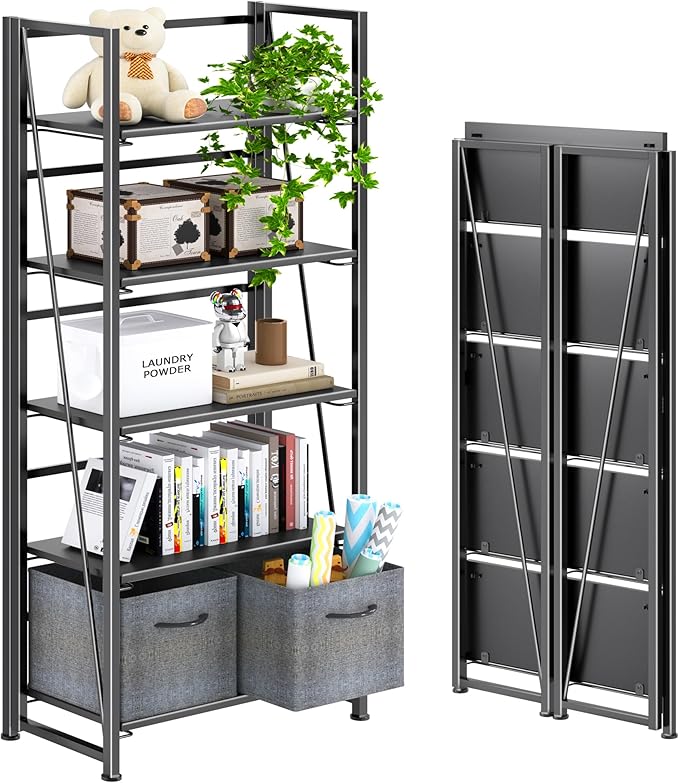 4NM No Assembly Foldable Bookshelf, 5-Shelf Collapsible Bookcase Storage for Small Spaces, 62.2" H, All Black-Ruum Studio Home