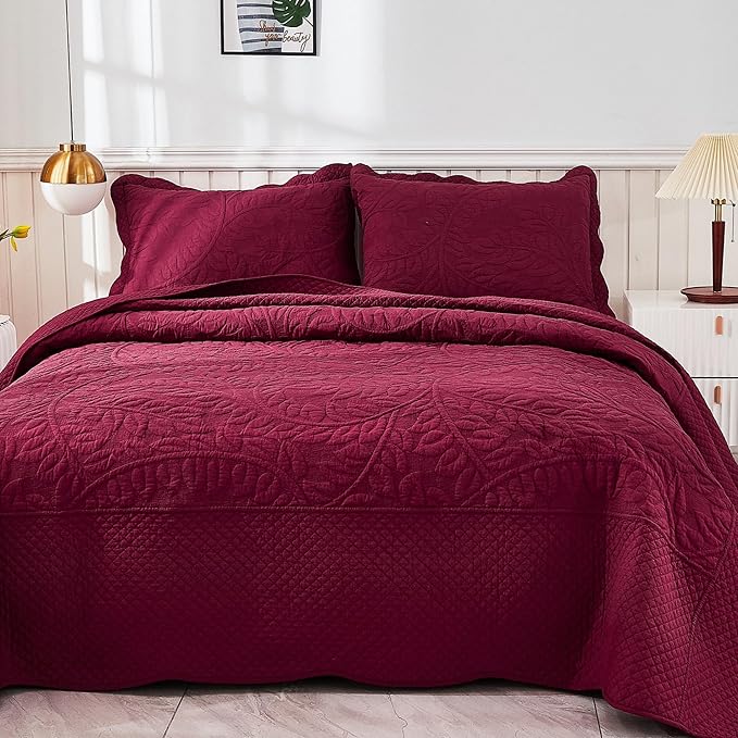 MarCielo 3-Piece 100% Cotton Oversized Bedspread Lightweight Quilt Coverlet Embroidery Farmhouse Bedding Set T0 (Wine Burgundy, Oversized Queen (100"x106"))-Ruum Studio Home
