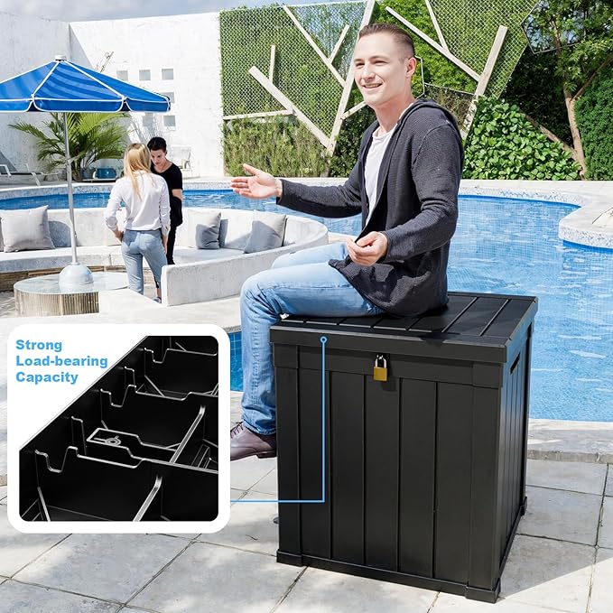 51 Gallon Resin Deck Box, Lockable Patio Outdoor Storage Box for Furniture, Garden Tools and Tools Storage, Waterproof Outside Storage Boxes - Black-Ruum Studio Home