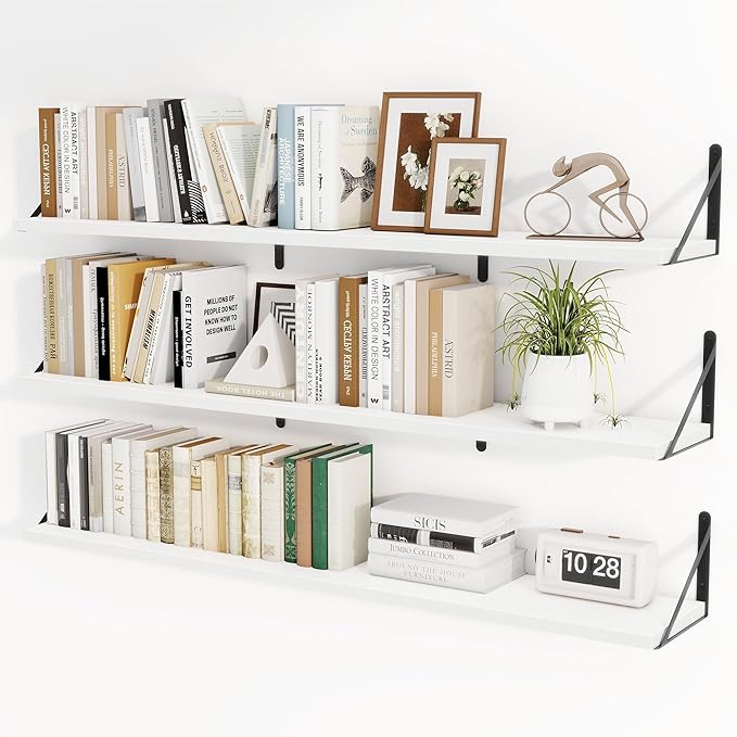 Heimlove 48 Inch Large Floating Bookshelves Set of 3,White Wall Mounted Bookshelves,Heavy Duty Wooden Shelves for Living Room,Bedroom,Kitchen,Laundry Room Storage & Decor-Ruum Studio Home