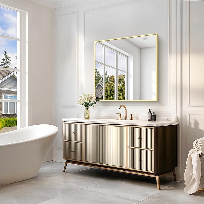 Gold Bathroom Mirror for Wall, 30x30 Inch Rectangle Mirrors with Metal Frame, Modern Vanity Wall Mirror Decor for Bathroom Living Room, Entryway Hangs Horizontal or Vertical-Ruum Studio Home