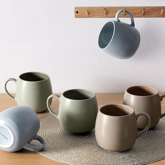 Ceramic Coffee Mugs Set of 6, 14oz - Modern Scandinavian Aesthetic - Microwavable Stoneware Coffee Cups with Comfortable Handle - Tea Mug Set for Latte, Cappuccino, Soup - Pale Blue Mist-Ruum Studio Home