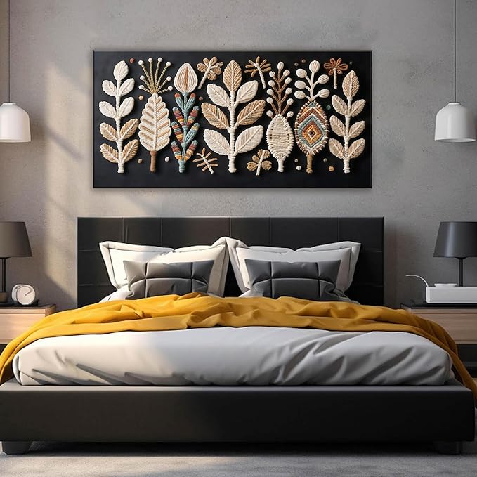 Boho Black Wall Art Chic Home Wall Art Modern Multicolor Leaves Feather Canvas Wall Art Decor For Living Room Bedroom Apartment Kitchen 24"W X 48"L Ready To Hanging-Ruum Studio Home