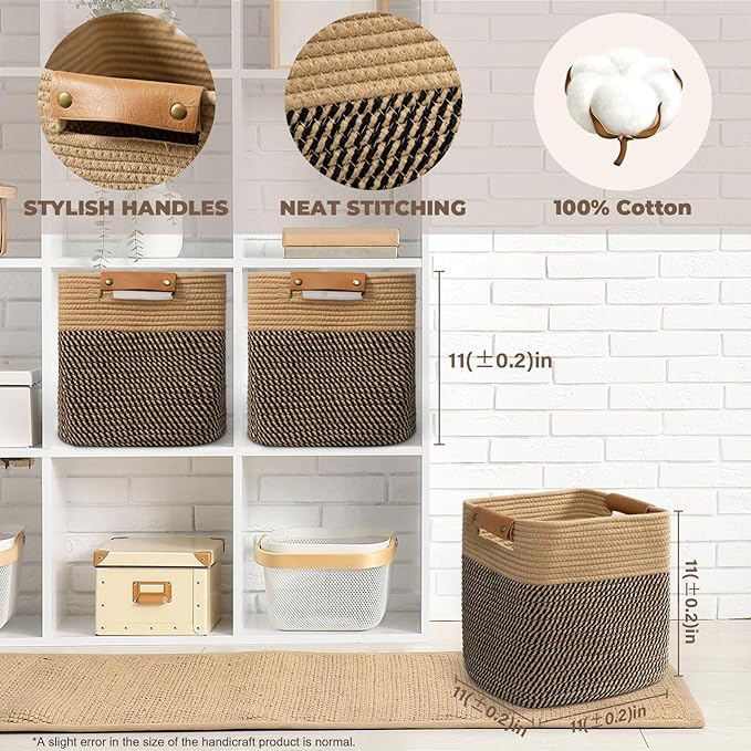 danpinera 3-Pack Cotton Rope Baskets for Storage, 11"x11" Cube Storage Cubes Store Toys, Towel, Snack, Storage Bins with Reinforced Stitching & Practical Handles, Black & Brown-Ruum Studio Home