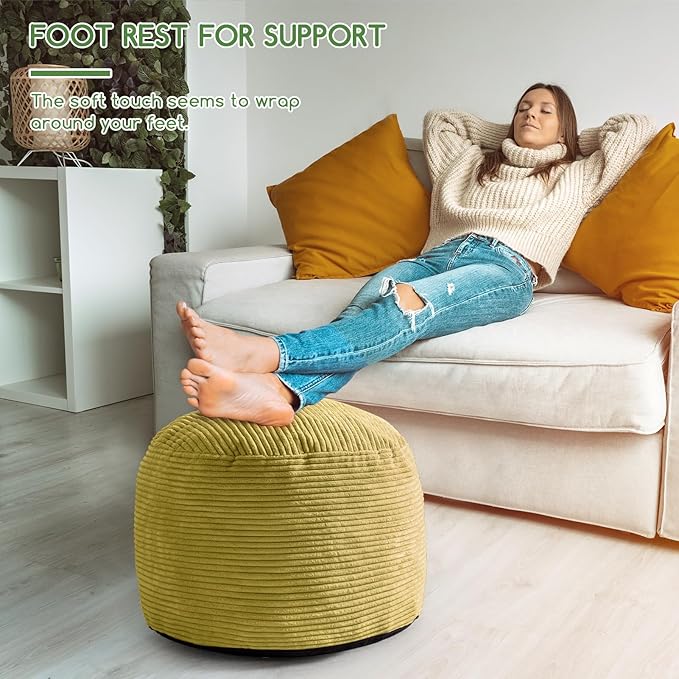 HIGOGOGO Round Stuffed Pouf Ottoman, Corduroy Poufs with Foam Chunk Filling, Furry and Fluffy Pouf Foot Stool Storage Ottoman, 20 X 15 Floor Poufs Foot Rest for Living Room, Green-Ruum Studio Home