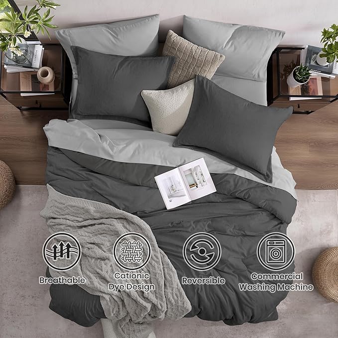 Monbix Queen Comforter Set - 7 Pieces Cationic Dyeing Dark Grey Bed in a Bag Queen Bedding Sets with Comforter, Sheets, Pillowcases & Shams, Reversible Bedding Comforters Sets-Ruum Studio Home