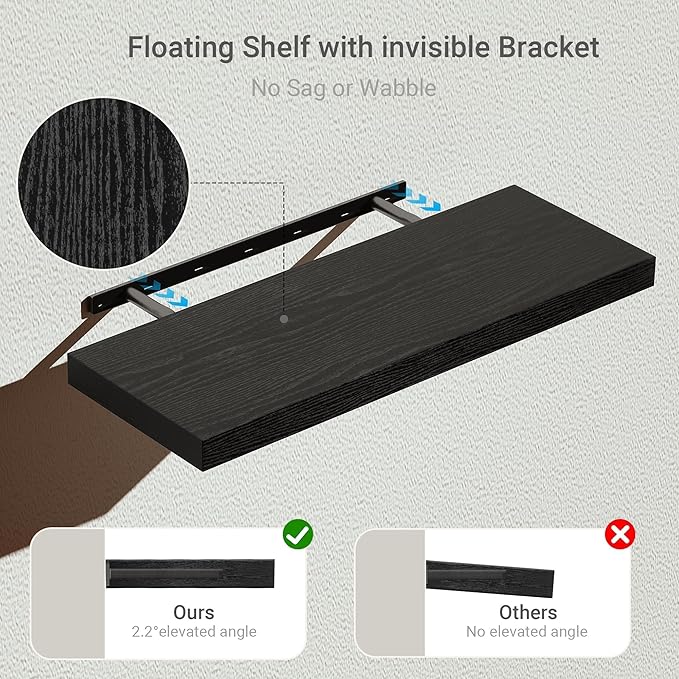 Black Floating Shelves for Wall Mounted, 24 inchs x 9.1” Deep x 1.5” Thick Wall Shelves for Bedroom, Living Room, Bathroom，Kitchen, Office, Home Decor Shelf with Invisible Bracket - Set of 2-Ruum Studio Home