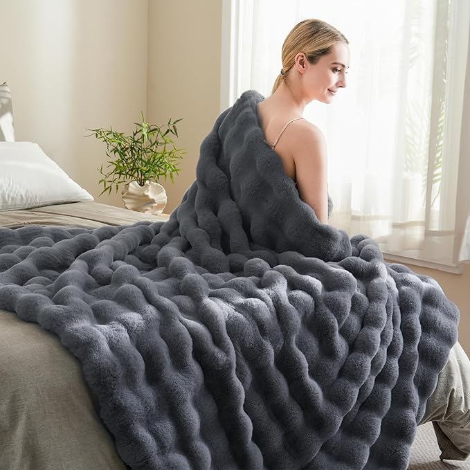 BENVWE Faux Fur Throw Blanket for Couch – Cozy Fuzzy Soft Plush Fluffy Thick Luxury Minky Bubble Blanket for Living Room Home Decor – Fathers Day Birthday Gifts for Women and Men, Grey, 51" x 63"-Ruum Studio Home