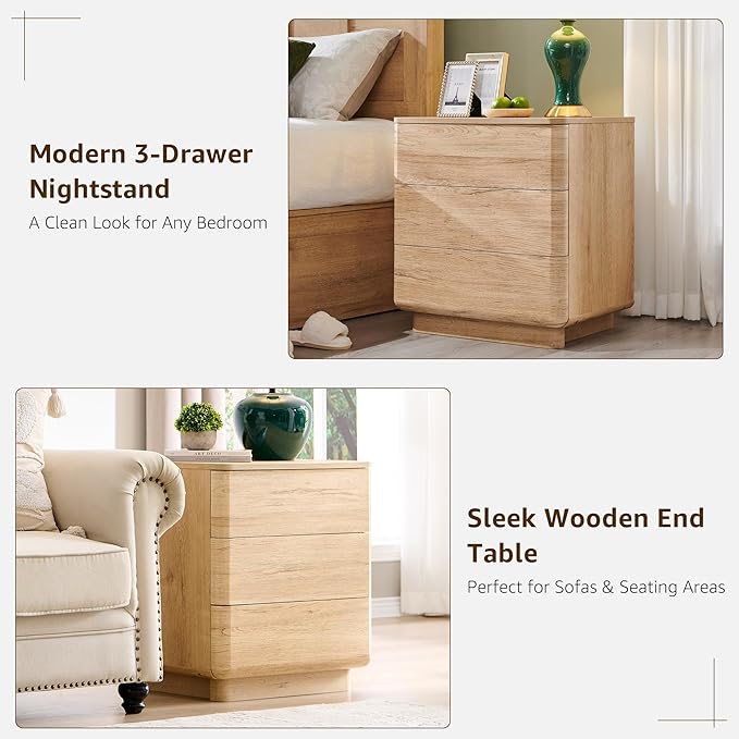 JXQTLINGMU 22" Modern Nightstand with Charging Station, Large Push-to-Open End Table, Wood Bedside Table w/Curved Profile Design, Handleless 3 Drawer Night Stand for Bedroom, Living Room, Natural Oak-Ruum Studio Home