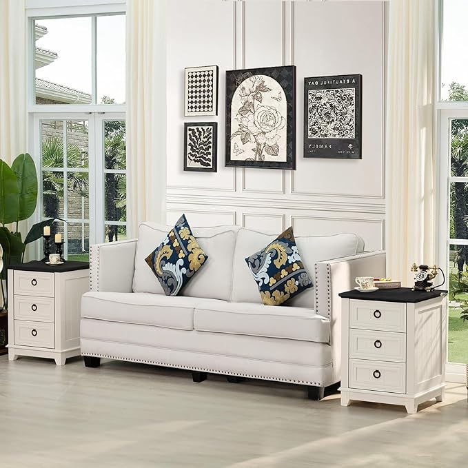 18" Farmhouse Night Stand with 3 Drawers, Wood End Table Dresser for Bedroom, White Nightstand, Bed Side Table with Metal Handle, Bedside Cabinet for Bedroom Living Room, Closet-Ruum Studio Home