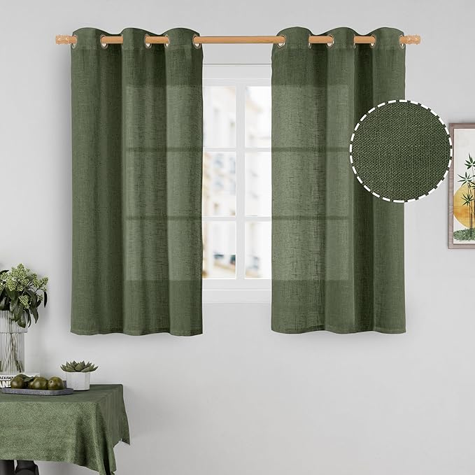 LAMIT Semi Sheer Linen Curtains 48 Inch Length, Light Filtering Panels Bronze Grommet Boho Neutral Christams Window Drapes for Kitchen/Short Windows/Cafe, Olive Green, 34 x 48 Inch, 2 Panels-Ruum Studio Home