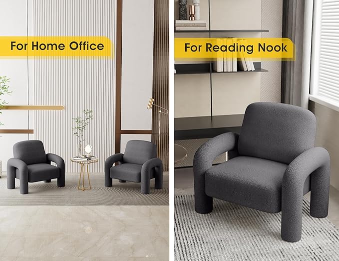 Modern Sherpa Accent Chair, Teddy Upholstered Arm Single Sofa, Cozy Fluffy Reading Chair for Living Room, Bedrooms, Corner (Grey)-Ruum Studio Home