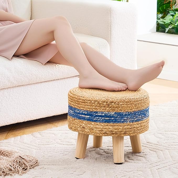 Handwoven Round Ottoman, Natural Water Hyacinth Outdoor Patio Pouf Seagrass Low Stool with Wood Legs, Soft Padded Footrest for Living Room Bedroom Garden, Blue-Ruum Studio Home