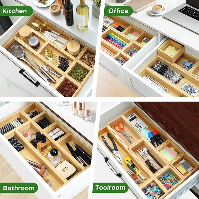 Bamboo Drawer Organizer Set, 9 PCS Multi-Use Individual Wood Storage Organizers, Junk Drawer Divider and Storage Trays Containers for Kitchen, Bathroom, Office Desk, Makeup, Jewelry, Utensils-Ruum Studio Home