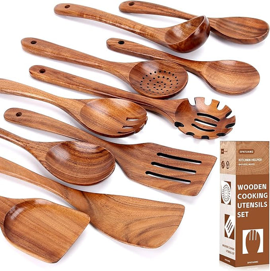 SPATUAMZ Teak Wood Spoons for Cooking, Elegant Wooden Cooking Set of 10, Excellent Kitchen Cooking Utensils Set for Home-Ruum Studio Home