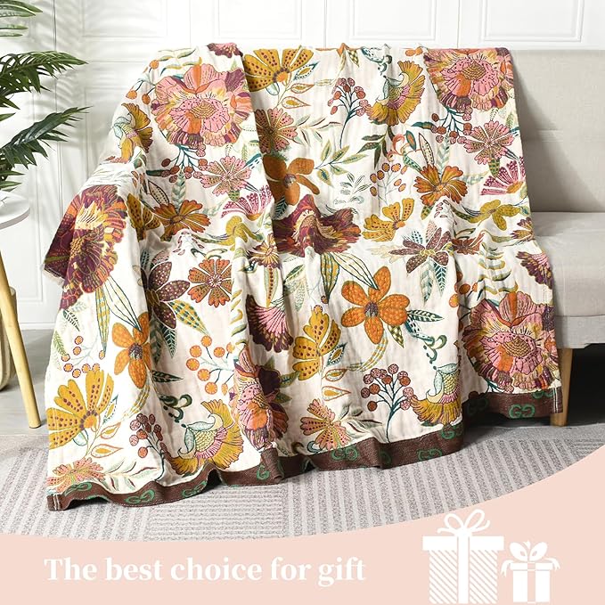 Boho Throw Blanket for Bed - 100% Pure Cotton Ultra Soft Rustic Quilt - Farmhouse Decor Bed Blankets, All Season Rustic Throw for Sofa Couch Chair(80''x 90'', Floral Blossom)-Ruum Studio Home