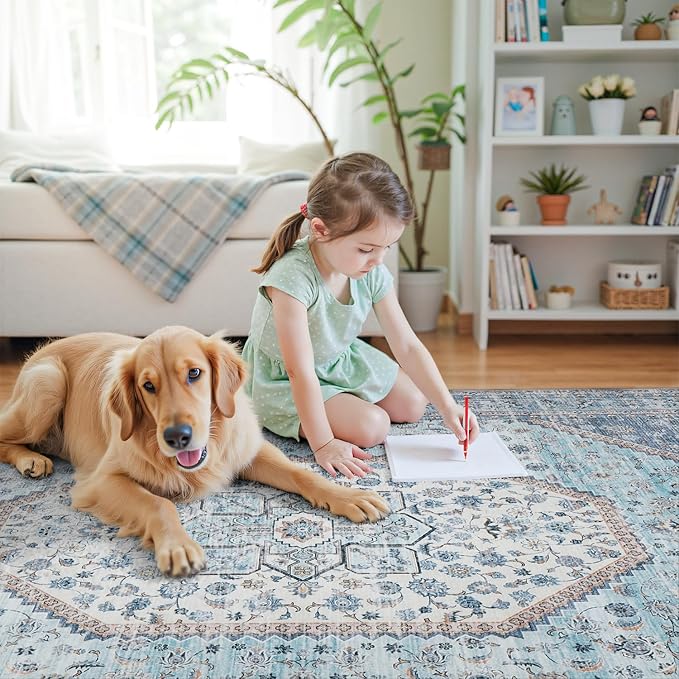 DCX Machine Washable Blue and Beige Area Rugs 5x7, Non Slip Stain Resistant Vintage Floral Rug for Living Room Bedroom Nursery, Soft Low Pile Large Carpet-Ruum Studio Home