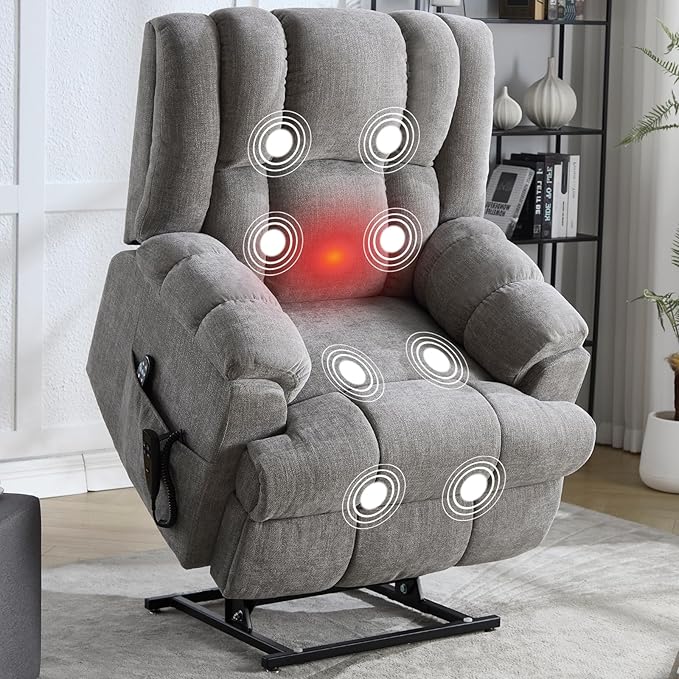 Dual Motor Power Lift Recliner Chair with Massage and Heat for Elderly People, Infinite Position, Light Grey Recliner Chair, Chenille Fabric Lift Chair-Ruum Studio Home