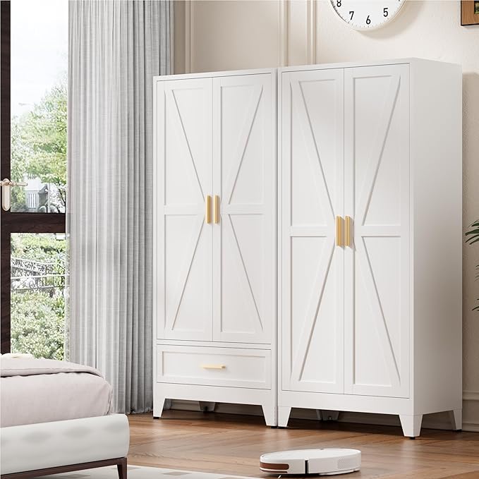 71'' Farmhouse Metal Wardrobe Cabinet with Hanging Rod, 2 Barn Door Wardrobe Closet with Adjustable Shelves,Drawer,for Dining Room,Bedroom,Living Room, Cloak Room,Office (White)-Ruum Studio Home