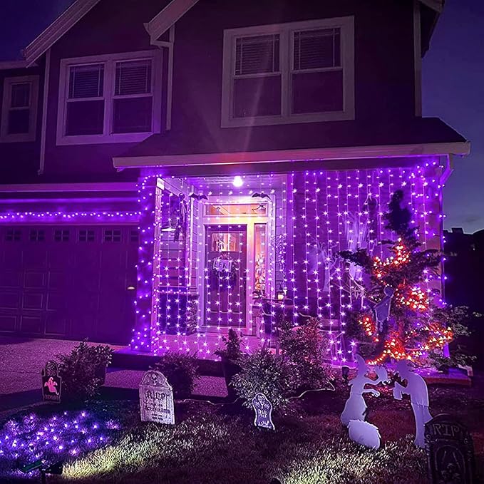 JMEXSUSS 300LED Purple Halloween Lights with Remote, Curtain Hanging Light Plug in, 8 Modes Purple String Lights for Bedroom Window Wall Party Backdrop Christmas Halloween Decorations-Ruum Studio Home