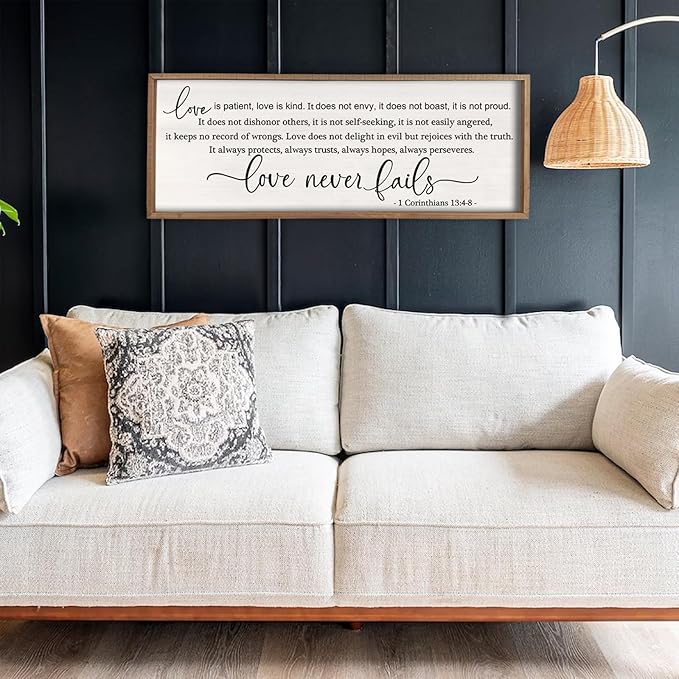 flowtorely Love is Patient, Kind Wall Art Decor 40"X15" Sign 1 Corinthians 13 Bedroom Above Bed Wall Decor Large Bible Verse Quote Scripture Christianity Hanging Sign (Wood)-Ruum Studio Home