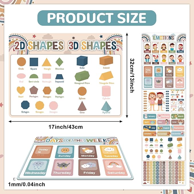 Educational Preschool Kids Placemats Set of 6 Boho Toddler Montessori Plastic Table Mats Non Slip Reusable Kids Place Mats Washable Table Decoration for Indoor Outdoor Party Kitchen Dining-Ruum Studio Home
