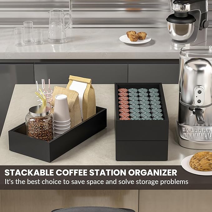 Kitchen Drawer Organizer Bins, Stackable Bamboo Drawer Organizer for Silverware, Coffee Pod Organizer K Cup Holder for Countertop, 2 Pcs Coffee Station Organizer Black 12" x 6" x 2.5"-Ruum Studio Home