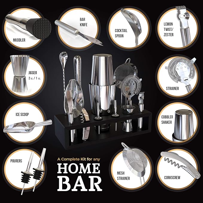 Highball & Chaser 13-Piece Boston Cocktail Shaker Set Stainless Steel Mixology Bartender Kit With Stand For Home Bar Cocktail Set | Laser Engraved Cocktail Tools | Plus E-Book with 30 Cocktail Recipes-Ruum Studio Home