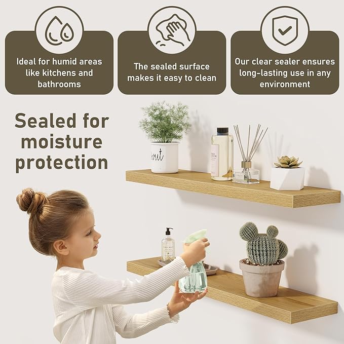 Fun Memories 36 x 8 Inch Floating Shelves for Wall, Farmhouse Bathroom Shelves Set of 2, Wood Wall Shelves 36 Inch Long, 36 x 8 x 1.4 Inch, Oak Color-Ruum Studio Home