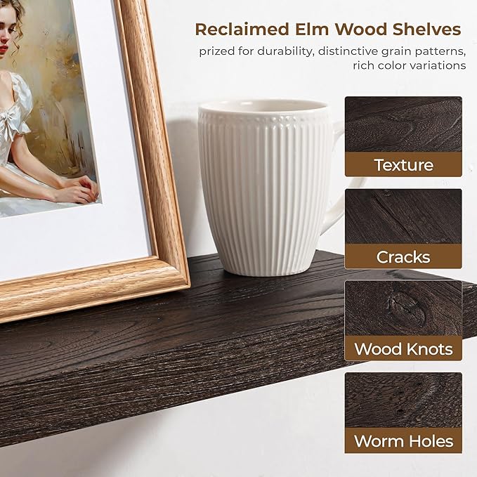 Axeman Floating Shelves for Wall - 40''W x 8'' D Rustic Solid Elm Wood Shelves for Storage, Wall Mounted Display Shelving with Invisible Heavy-Duty Metal Bracket (Walnut, 2PCs)-Ruum Studio Home
