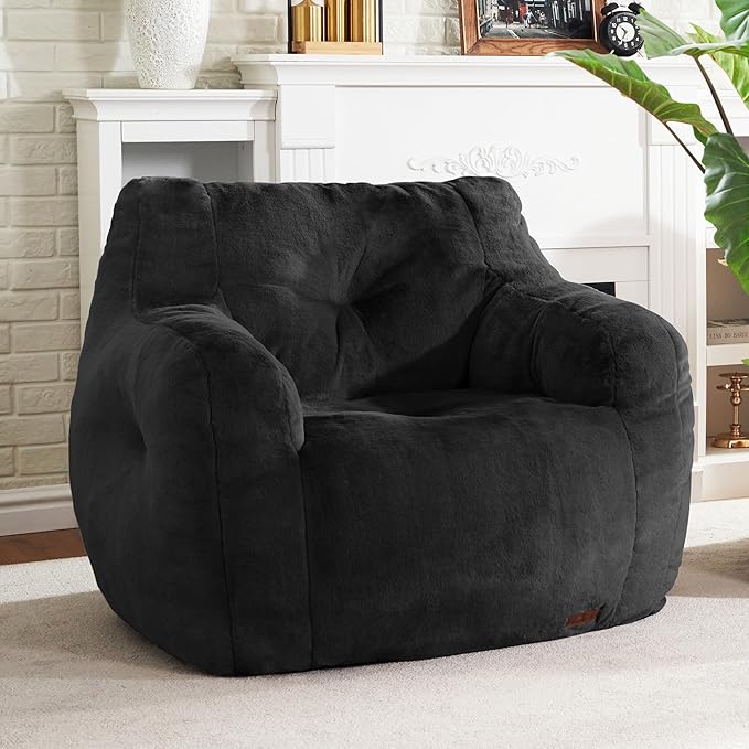 Hobestluk Bean Bag Chair for Adult Small Bean Bag Chairs with Arms Furry Beanbag Chair with Foam Filler Stuffed Bean Bag Sofa for Reading in Bedroom Living Room and Dorms (Black)-Ruum Studio Home