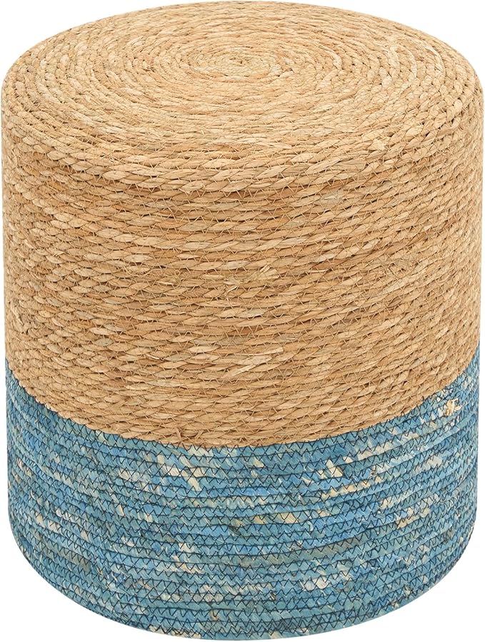 Pouf Ottomans, Handwoven Natural Straw Footstool, Round Braided Outdoor Patio Stool with Wood Frame, Boho Decor Accent Seat Balcony, or Garden (Blue)-Ruum Studio Home
