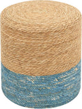 Pouf Ottomans, Handwoven Natural Straw Footstool, Round Braided Outdoor Patio Stool with Wood Frame, Boho Decor Accent Seat Balcony, or Garden (Blue)-Ruum Studio Home