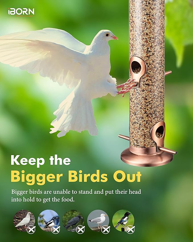 iBorn Metal Bird Feeders Metal Bird Feeder Copper for Outdoors Hanging All Metal Copper Finishing 14 Inch 4Port(Seed is not Included)-Ruum Studio Home
