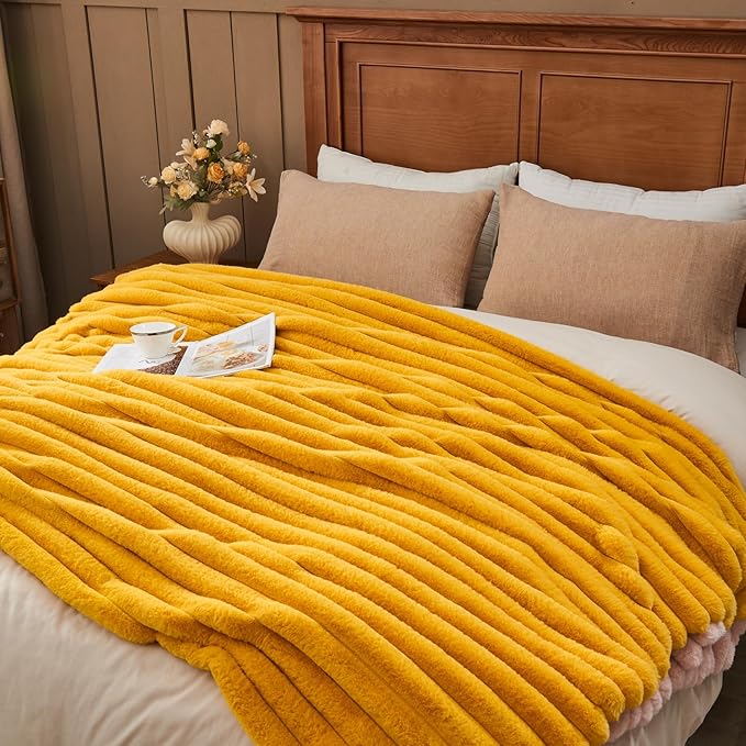 NEWCOSPLAY Faux Fur Twin Blanket Mustard Yellow 3D Ribbed Plush Thick Warm Blanket for Couch Sofa Bed 850GSM (Mustard Yellow Ribbed, Twin(60"x80"))-Ruum Studio Home