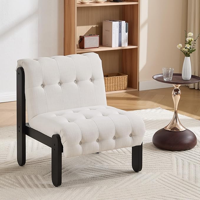 Modern Armless Accent Chair for Living Room, Beige Chenille Button Tufted Upholstered Lounge Reading Chair with Black Wood Frame-Ruum Studio Home