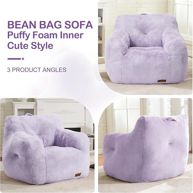 Hobestluk Bean Bag Chair for Adult Small Bean Bag Chairs with Arms Furry Beanbag Chair with Foam Filler Stuffed Bean Bag Sofa for Reading in Bedroom Living Room and Dorms (Purple)-Ruum Studio Home