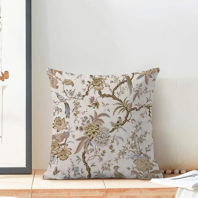 CXMEIFLY Spring Floral Birds Pillow Covers 20 x 20 Inch Set of 2 for Chinoiserie Flowers Decor Throw Pillows Brown and White Plant Outdoor Decorative Cushion Cases for Couch Bed Decorations-Ruum Studio Home