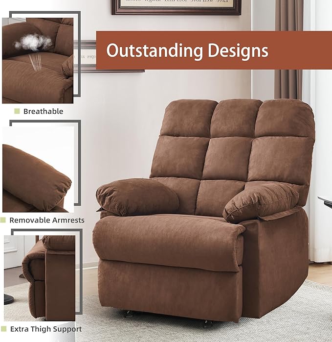 Rocker Recliner Chair, Overstuffed Manual Rocking Recliner for Adults, Upholstered Comfy Soft Fabric Living Room Reclining Sofa Chair (Brown Fabric)-Ruum Studio Home