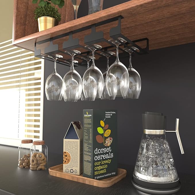 Wine Glass Rack - Under Cabinet Stemware Wine Glass Holder Glasses Storage Hanger Metal Hanging Organizer for Bar Kitchen, Black 4 Rows 2 Packs-Ruum Studio Home