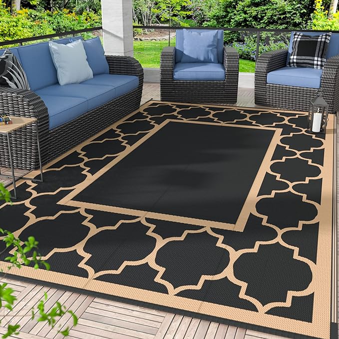 GENIMO Outdoor Rug 9' x 12' Patio Waterproof, Foldable Reversible Plastic Straw Area Rugs Mat for Camper Decor, Outside Carpet for Rv, Deck, Porch, Picnic, Beach, Balcony, Black & Brown-Ruum Studio Home
