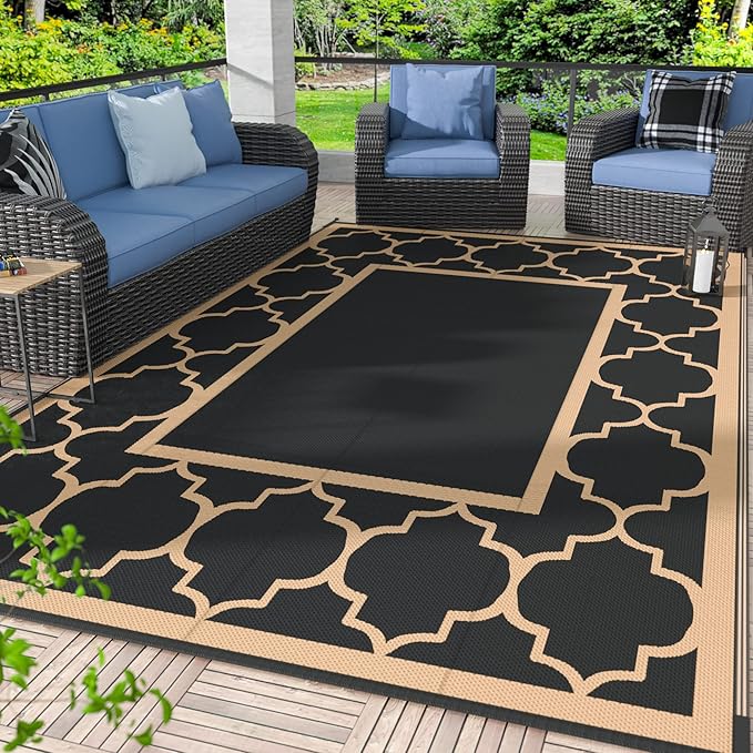 GENIMO 6' x 9' Outdoor Rug Waterproof for Patio Decor, Foldable Reversible Plastic Straw Area Rugs Mat for Camper, Outside Carpet for Rv, Deck, Porch, Picnic, Beach, Balcony, Black & Brown-Ruum Studio Home