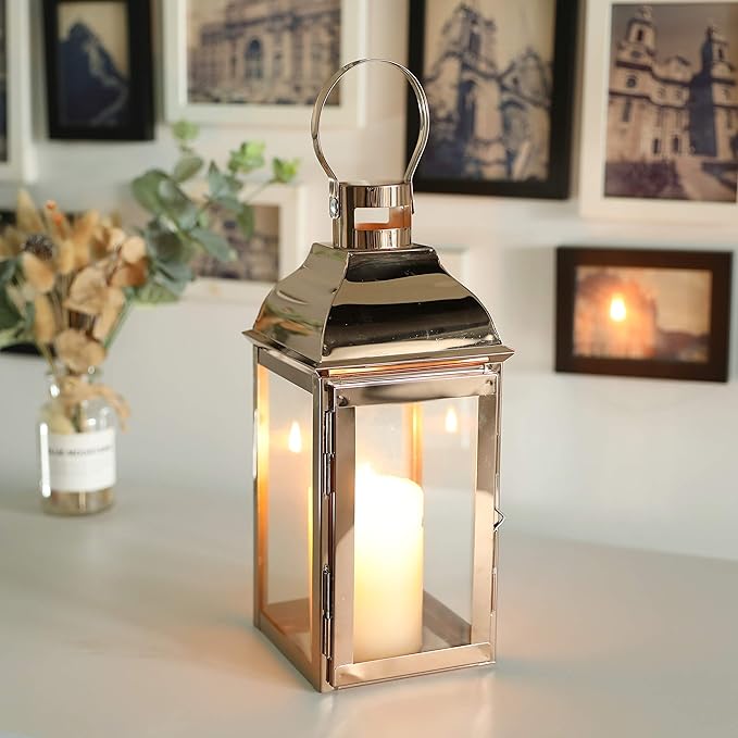 JHY DESIGN Decorative Candle Lanterns 15" High Stainless Steel Candle Lanterns with Tempered Glass for Indoor Outdoor Events Parities and Weddings Vintage Style Hanging Lamps(Rose Gold)-Ruum Studio Home