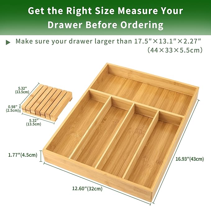 VaeFae Bamboo Silverware Organizer (Non-expandable), Utensil Holder for Drawer, Wooden Cutlery Tray with Divider for Kitchen Drawer, Utensil Organizer with Knife Block-Ruum Studio Home