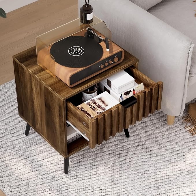 Smuxee Walnut Wooden Night Stand, Mid Century Nightstand with Fluted Drawer, Bedside Table with Open Shelf, Modern End Side Table for Bedroom-Ruum Studio Home