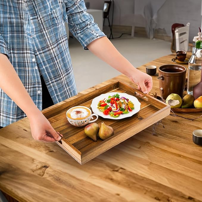 YOUEON 2 Pack Large Acacia Wood Serving Tray with Handles, 17x12 Inch Decorative Wood Trays for Serving Food, Party, Rectangle Ottoman Tray, Coffee Table Trays for Bed, Living Room, Kitchen-Ruum Studio Home
