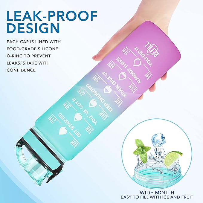 Enerbone Water Bottle, Leakproof BPA & Toxic Free, Motivational Water Bottle with Times to Drink and Straw, Fitness Sports Water Bottle with Strap for Office, Gym, Outdoor Sports-Ruum Studio Home