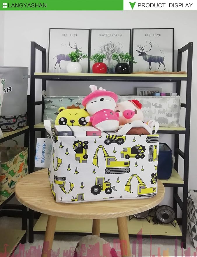 LANGYASHAN Rectangular Storage Bin Collapse Canvas Fabric Cartoon Storage Basket with Handles for Organizing Home Kitchen Boys and Girls Toys Office Closet Shelf Baskets (Rec Engineering Vehicle)-Ruum Studio Home